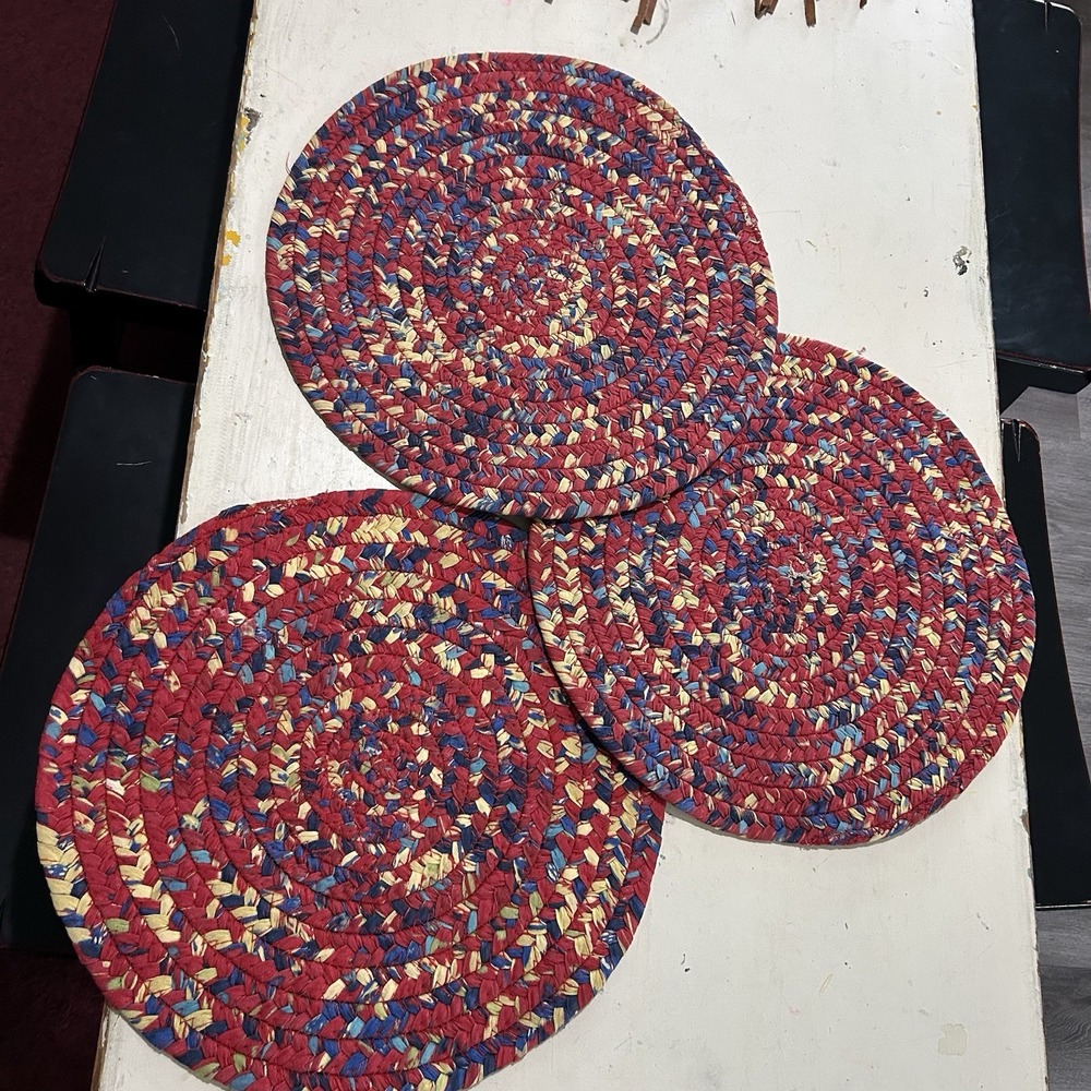 Vintage Braided Rag Rug Round 15" Multicolor Red Farmhouse Primitive Table Mat 3